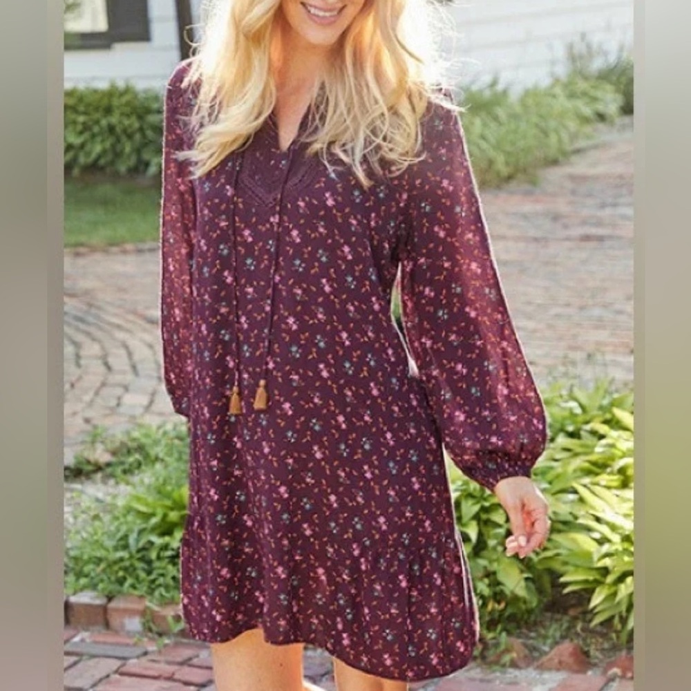 Matilda Jane womens Local Luxuries floral boho burgundy long sleeve dress size M - Picture 11 of 11